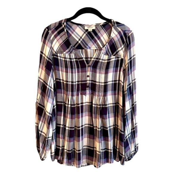 STYLE & CO, WOMENS TOP. BLUE, PURPLE & CREAM PLAID, PEASANT STYLE. SIZE M - Picture 1 of 7